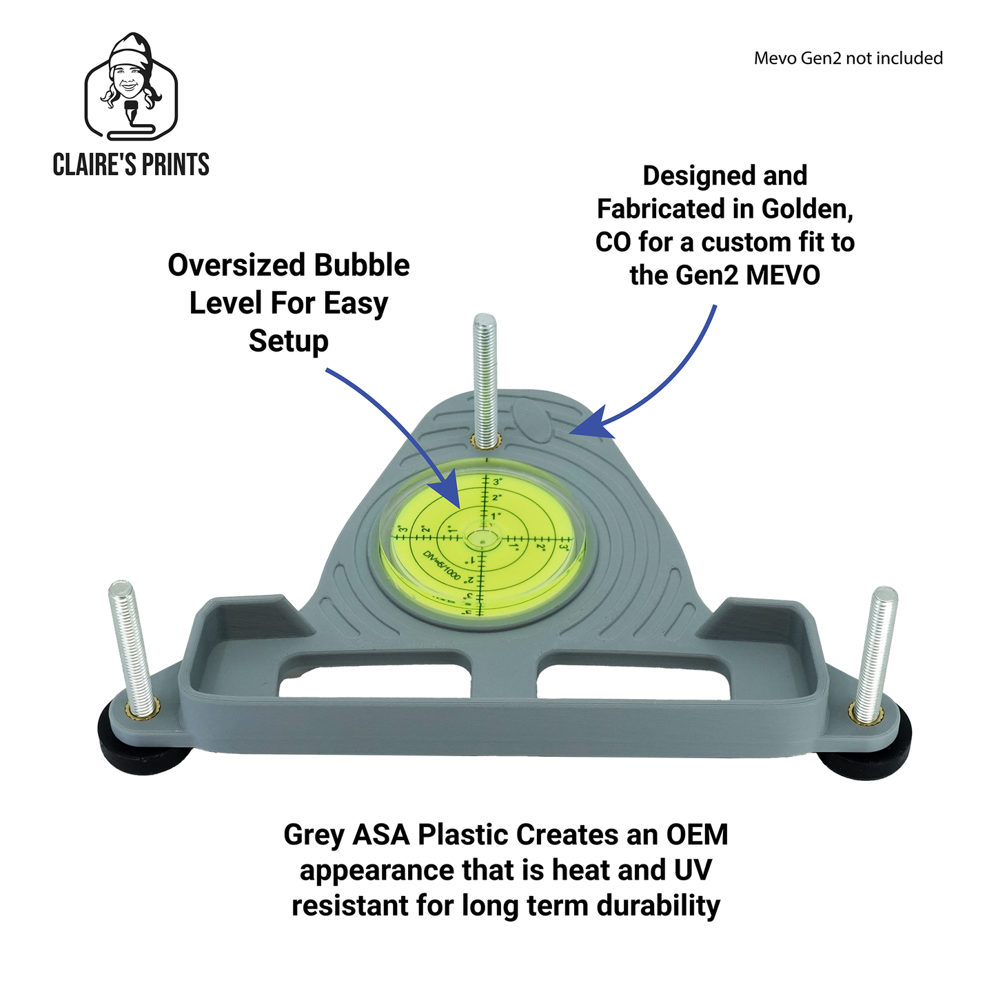 Mevo Gen2 leveling stand designed for stable, repeatable setup using bubble level and adjustable leveling feet