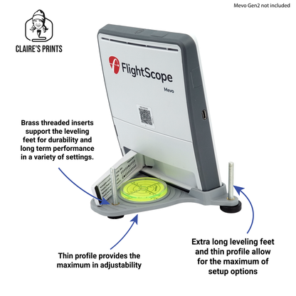 Base leveling stand for Mevo Gen2 showing long leveling feet and brass threaded inserts for durability