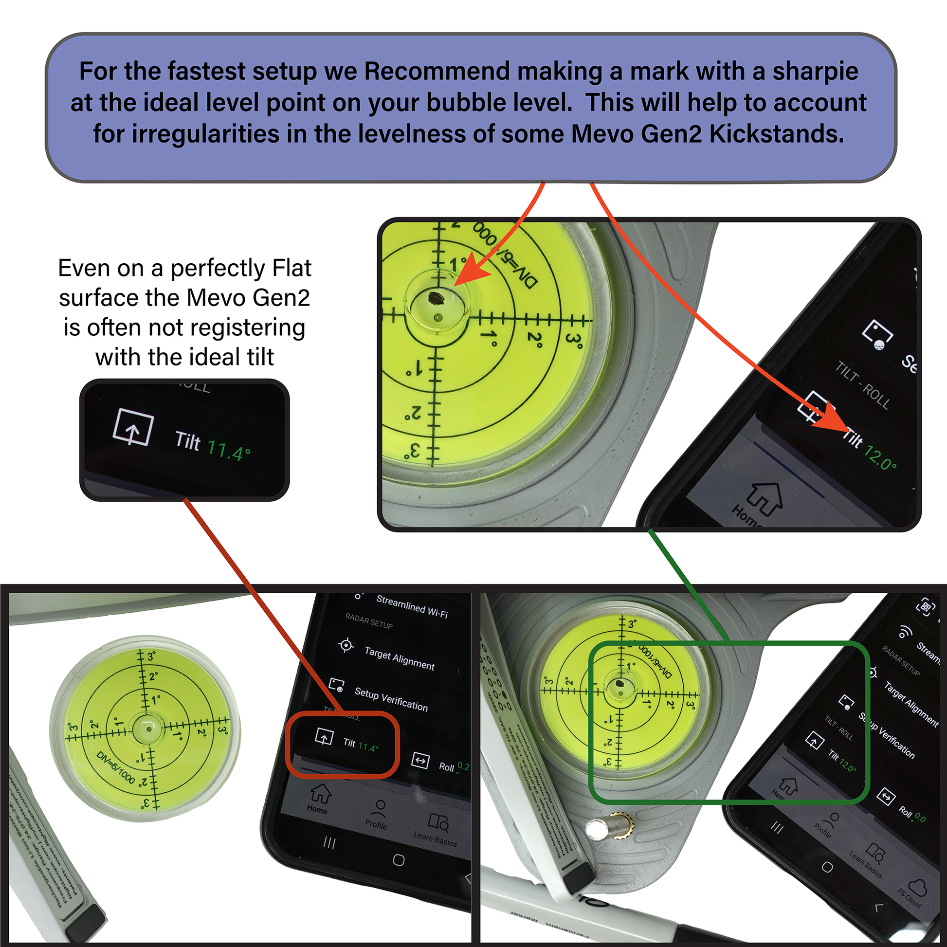Oversized bubble level on Mevo Gen2 leveling stand showing recommended calibration mark for consistent tilt readings