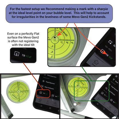Oversized bubble level on Mevo Gen2 leveling stand showing recommended calibration mark for consistent tilt readings