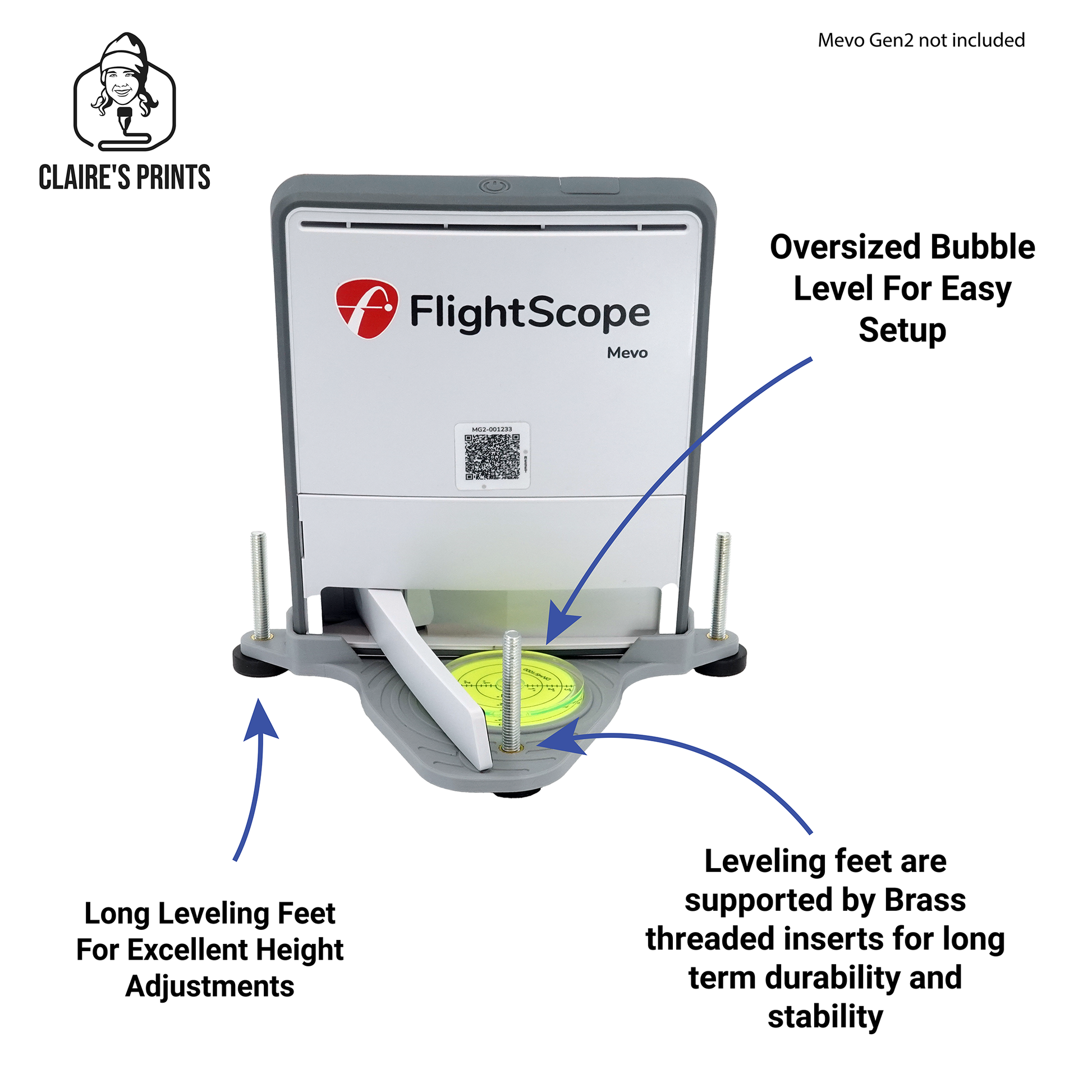Mevo Gen 2 base leveling stand showing long leveling feet and oversized bubble level