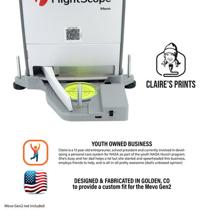 Mevo Gen2 leveling stand designed and fabricated by Claire’s Prints, a youth-owned small business in Colorado