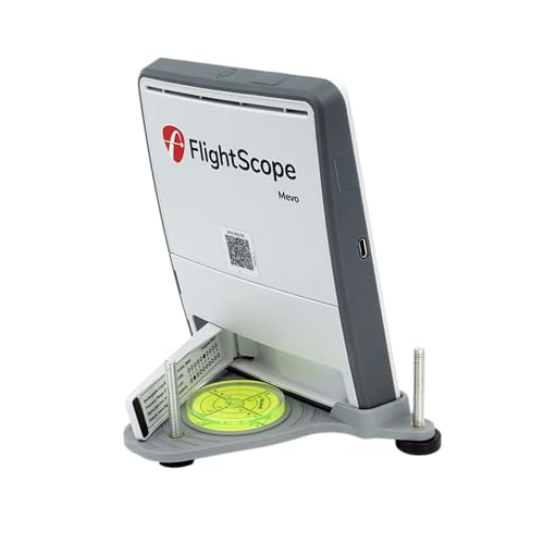 Mevo Gen2 base leveling stand with oversized bubble level for accurate setup on outdoor mats and simulator floors