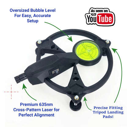Garmin R10 leveling stand showing integrated laser alignment and oversized bubble level